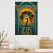 Elegant Art Deco Weeping Willow Gold & Teal Poster (Keuken)