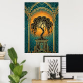 Elegant Art Deco Weeping Willow Gold & Teal Poster (Thuiskantoor)