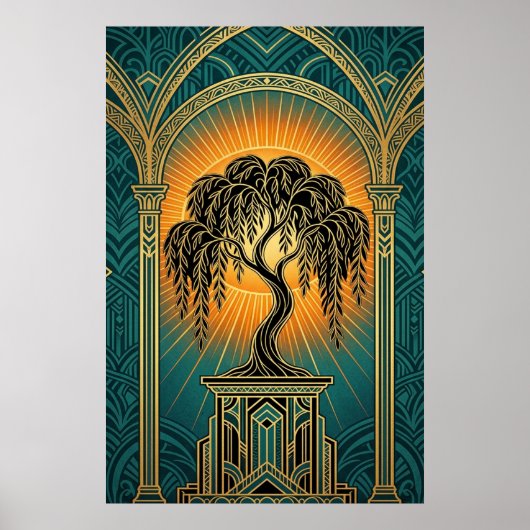 Elegant Art Deco Weeping Willow Gold & Teal Poster (Voorkant)