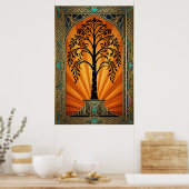 Elegant Art Deco Willow Tree Sunset Gold Poster (Keuken)