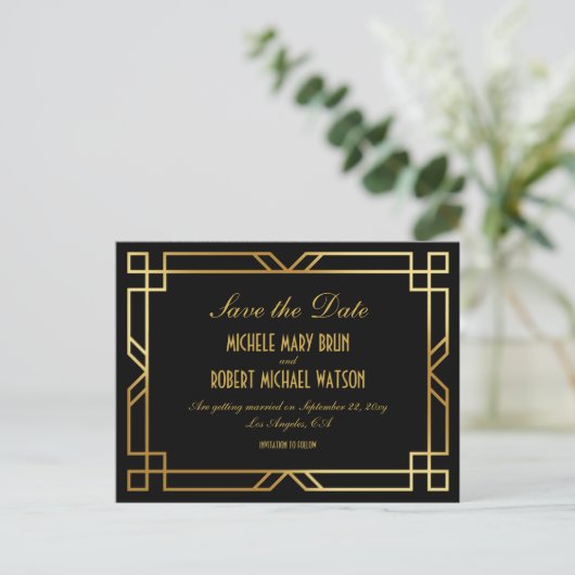 Elegant Art Deco Zwart Goud Lijst Save the Date Briefkaart (Staand voorkant)