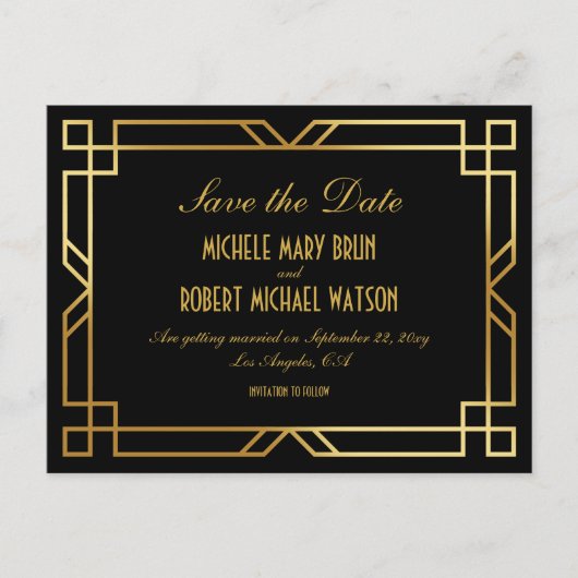 Elegant Art Deco Zwart Goud Lijst Save the Date Briefkaart (Voorkant)