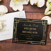 Elegant Art Deco Zwart Goud Lijst Save the Date Briefkaart