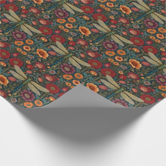 Elegant art nouveau Autumn floral Dragonfly Cadeaupapier (Hoek)