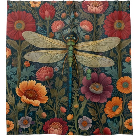 Elegant art nouveau Autumn floral Dragonfly Douchegordijn (Voorkant)