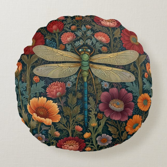 Elegant art nouveau Autumn floral Dragonfly Rond Kussen (Voorkant)