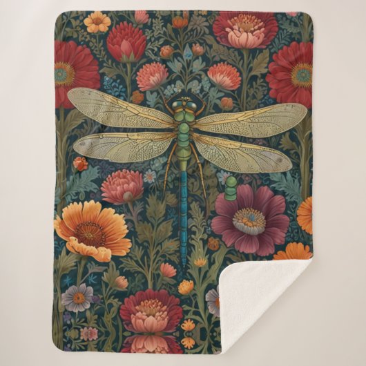 Elegant art nouveau Autumn floral Dragonfly Sherpa Deken (Voorkant)