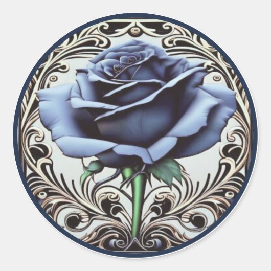 Elegant Art Nouveau Blauw Roos Design Ronde Sticker (Voorkant)