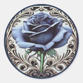Elegant Art Nouveau Blauw Roos Design Ronde Sticker
