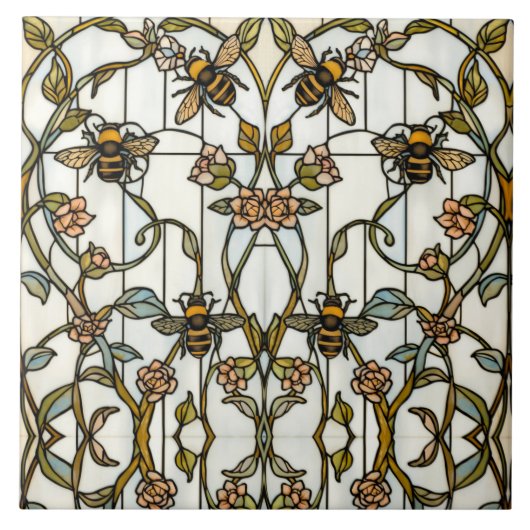 Elegant art nouveau botanical  bee stain glass tegeltje (Voorkant)