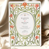 Elegant Art Nouveau Coral Lily Wedding Invite Kaart