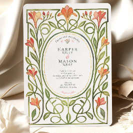 Elegant Art Nouveau Coral Lily Wedding Invite Kaart