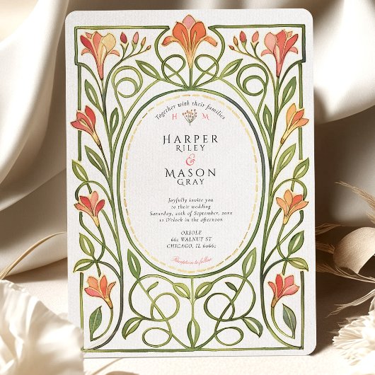 Elegant Art Nouveau Coral Lily Wedding Invite Kaart