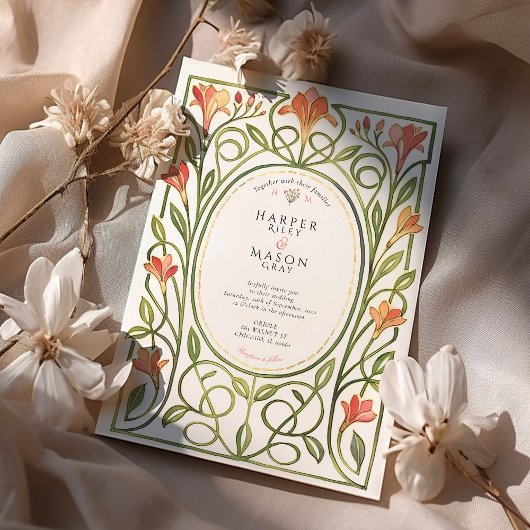 Elegant Art Nouveau Coral Lily Wedding Invite Kaart