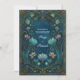 Elegant Art Nouveau Cyan Lotus Floral Wedding Kaart