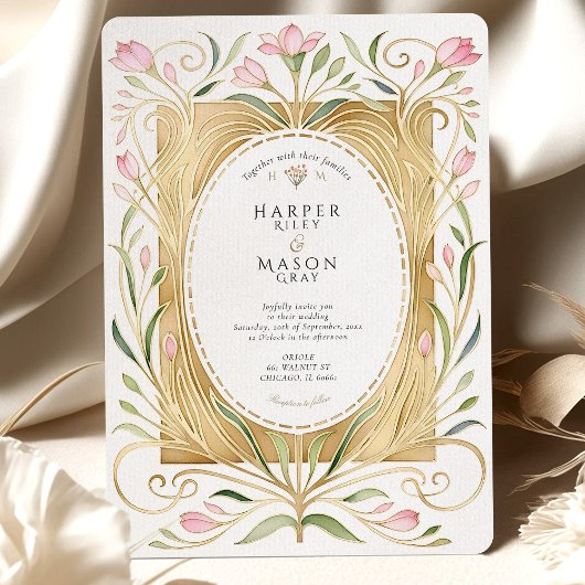 Elegant Art Nouveau Freesias Wedding Invite Kaart