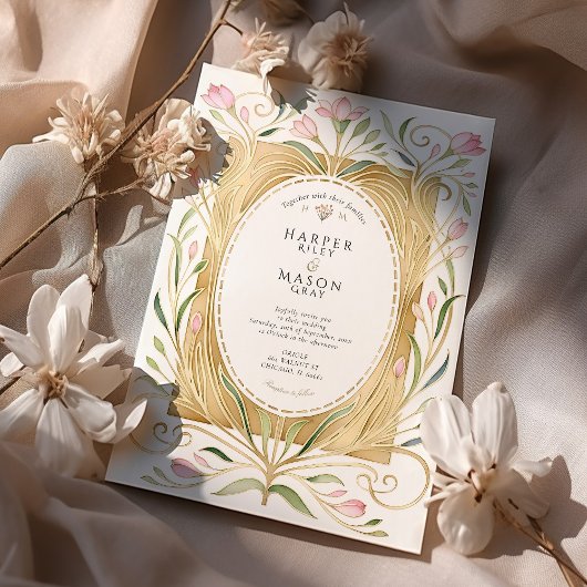 Elegant Art Nouveau Freesias Wedding Invite Kaart