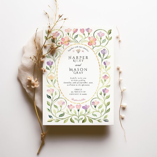 Elegant Art Nouveau Freesias Wedding Kaart