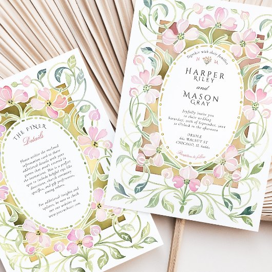 Elegant Art Nouveau Pink Floral Gold Frame Wedding Kaart