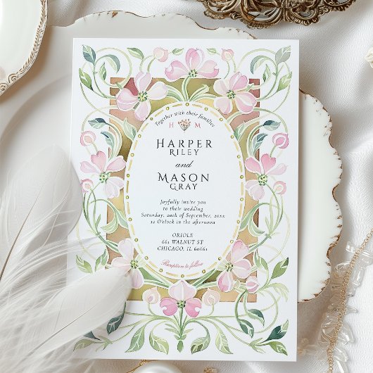 Elegant Art Nouveau Pink Floral Gold Frame Wedding Kaart