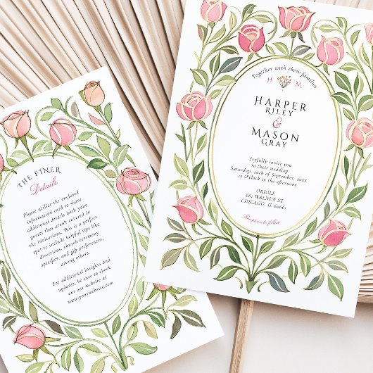 Elegant Art Nouveau Pink Rose Floral Wedding Kaart