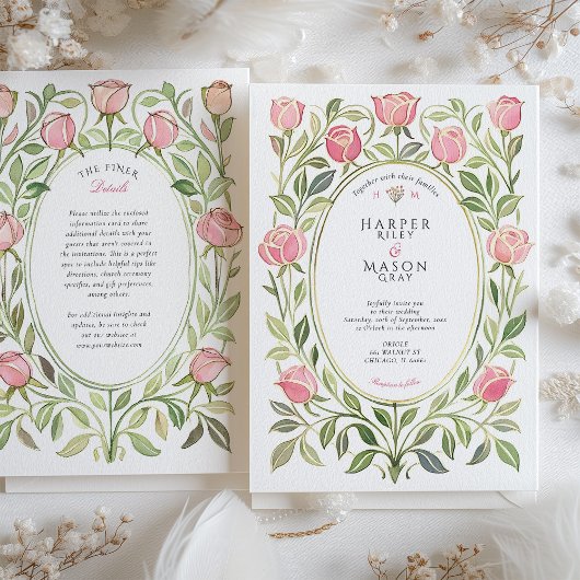 Elegant Art Nouveau Pink Rose Floral Wedding Kaart