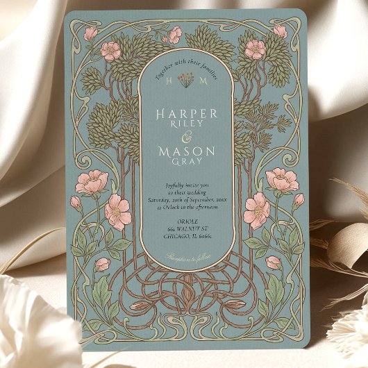 Elegant Art Nouveau Pinnk Lily Wedding Kaart