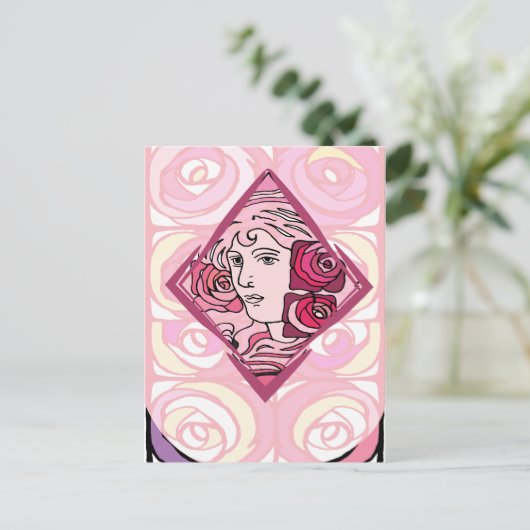 Elegant Art Nouveau Roos Woman Briefkaart (Staand voorkant)