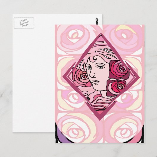 Elegant Art Nouveau Roos Woman Briefkaart (Voorkant / Achterkant)