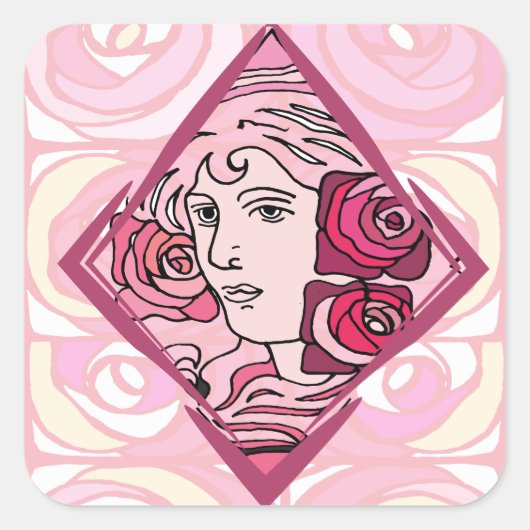 Elegant Art Nouveau Roos Woman Vierkante Sticker (Voorkant)