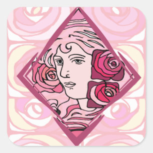Elegant Art Nouveau Roos Woman Vierkante Sticker
