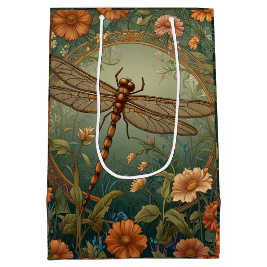 Elegant Art Nouveau Spring green Dragonfly Medium Cadeauzakje (Achterkant)