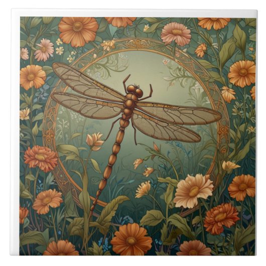 Elegant Art Nouveau Spring green Dragonfly Tegeltje (Voorkant)