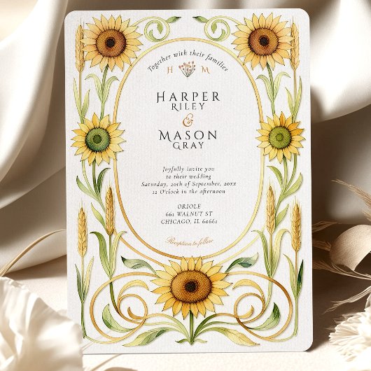 Elegant Art Nouveau Sunflower & Wheat Gold Wedding Kaart
