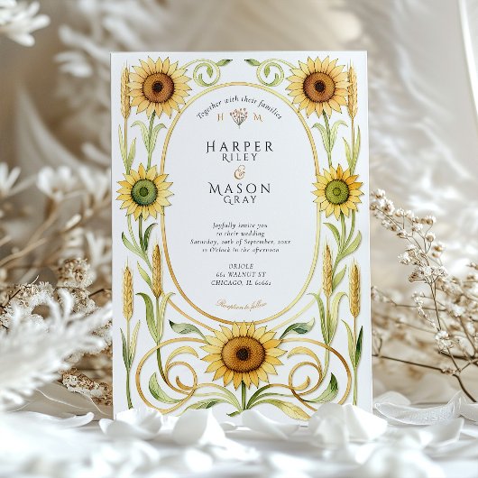 Elegant Art Nouveau Sunflower & Wheat Gold Wedding Kaart