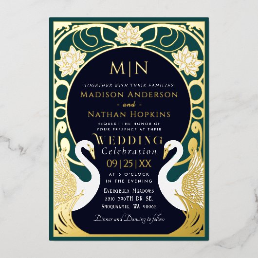 Elegant Art Nouveau Swans Wedding Invitation Folie Uitnodiging