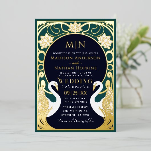 Elegant Art Nouveau Swans Wedding Invitation Folie Uitnodiging (Staand Voorkant)