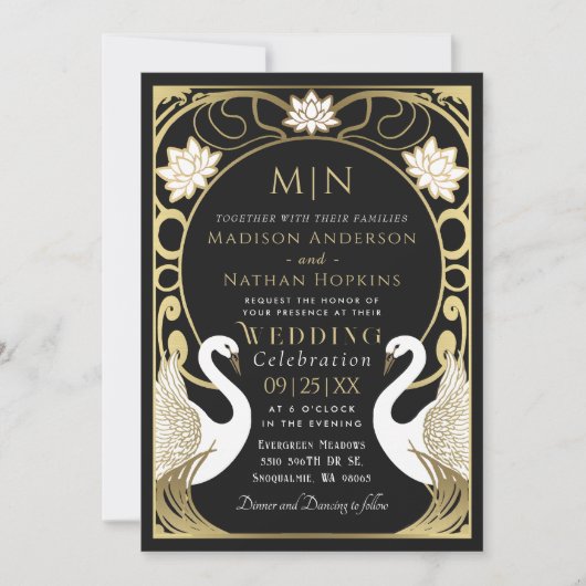 Elegant Art Nouveau Swans Wedding Invitation Kaart (Voorkant)