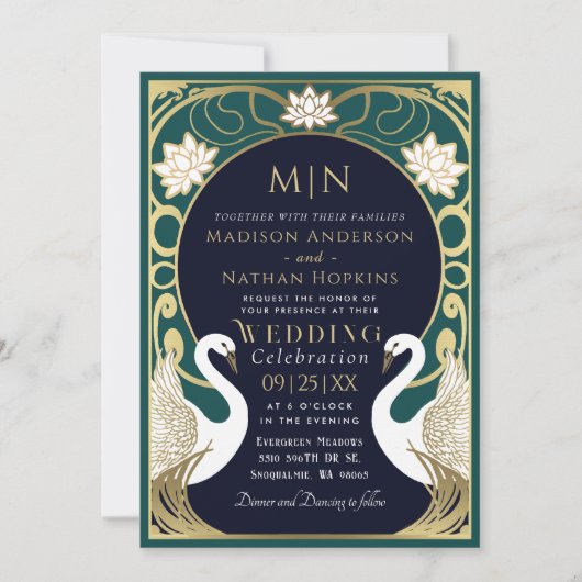 Elegant Art Nouveau Swans Wedding Invitation Kaart (Voorkant)