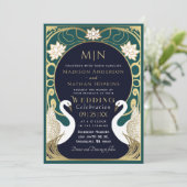 Elegant Art Nouveau Swans Wedding Invitation Kaart (Staand voorkant)