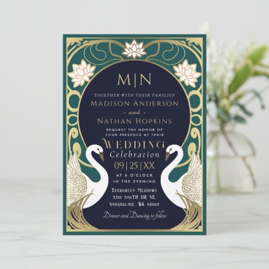Elegant Art Nouveau Swans Wedding Invitation Kaart (Staand voorkant)
