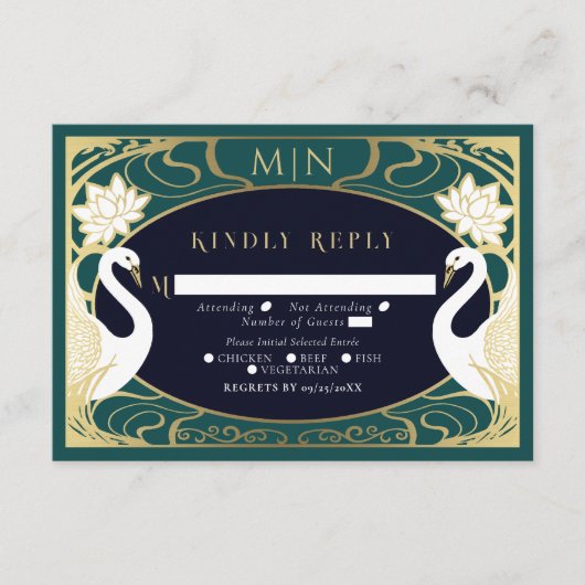 Elegant Art Nouveau Swans Wedding RSVP Informatiekaartje (Voorkant)