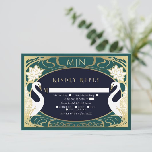 Elegant Art Nouveau Swans Wedding RSVP Informatiekaartje (Staand voorkant)