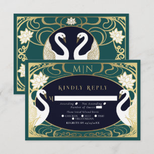 Elegant Art Nouveau Swans Wedding RSVP Informatiekaartje