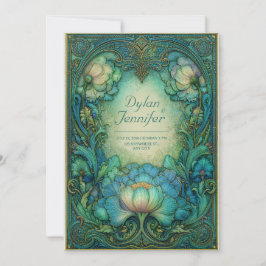 Elegant Art Nouveau Teal Floral Antique Wedding Kaart