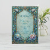 Elegant Art Nouveau Teal Floral Arched Wedding Kaart (Staand voorkant)