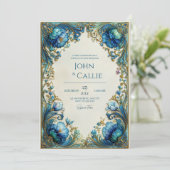 Elegant Art Nouveau Teal Floral Gilded Wedding Kaart (Staand voorkant)