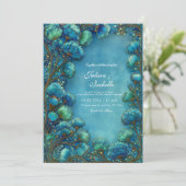 Elegant Art Nouveau Teal Scalloped Floral Wedding Kaart (Staand voorkant)