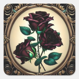 Elegant Art Nouveau Zwart Rood Rose Design Vierkante Sticker