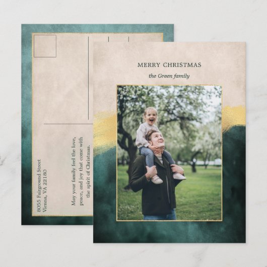 Elegant Artisan Green met gouden penseelfoto Feestdagenkaart (Voorkant / Achterkant)